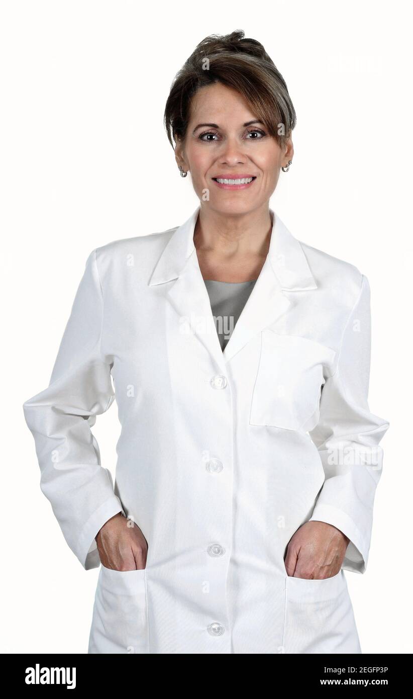 A Beautiful Woman Wearing a White Lab Coat isolated on White Background Stock Photo
