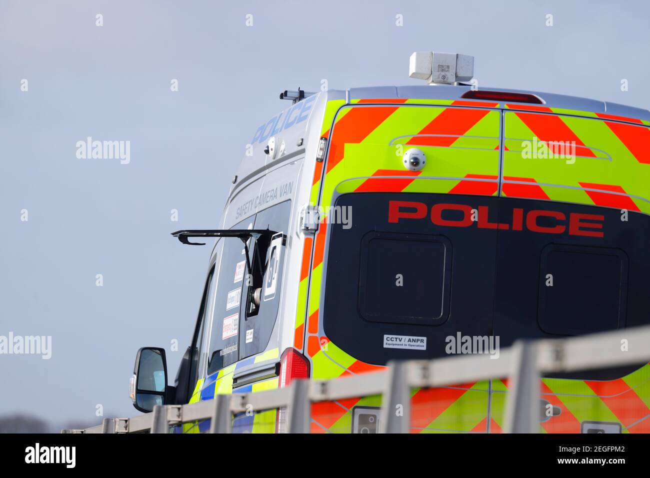 A mobile police camera van , catching speeding motorists on the A1M motorway at Wetherby,North Yorkshire. Stock Photo
