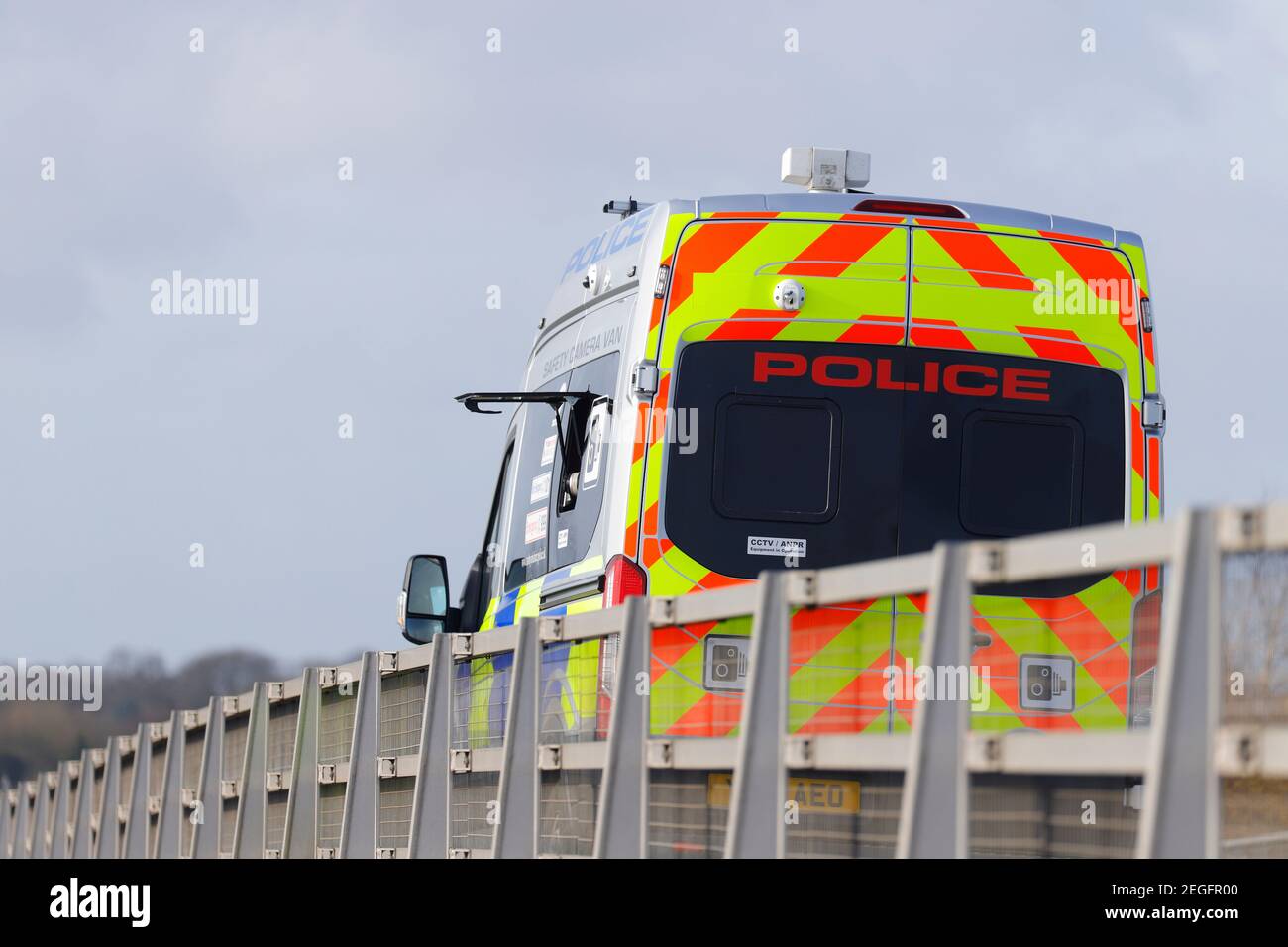 A mobile police camera van , catching speeding motorists on the A1M motorway at Wetherby,North Yorkshire. Stock Photo