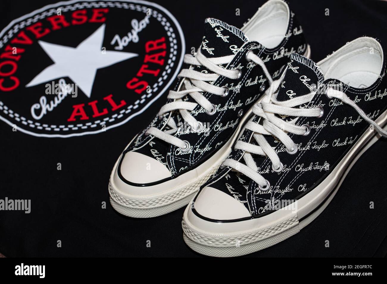 Lviv, Ukraine: November 9, 2020: Converse All Stars black with white Chuck  Tailor text Stock Photo - Alamy