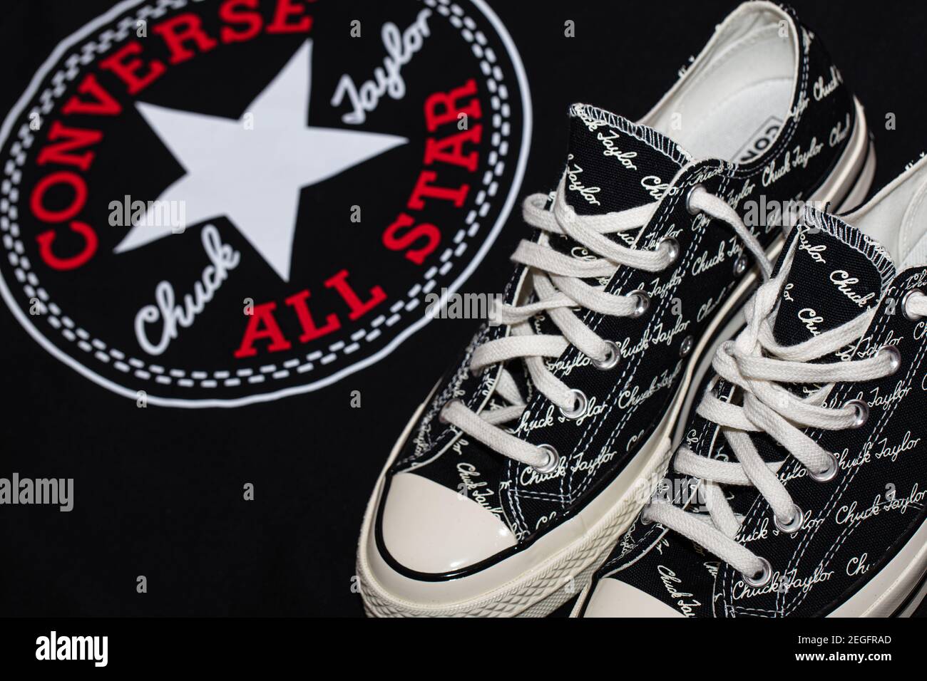 Lviv, Ukraine: November 9, 2020: Converse All Stars black with white Chuck  Tailor text Stock Photo - Alamy