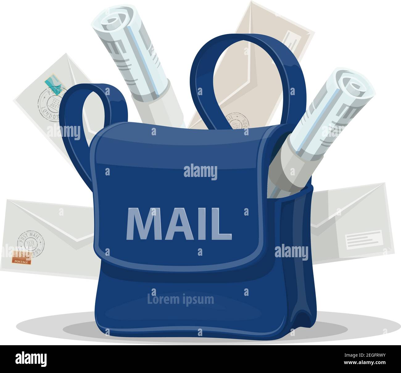 Mailbag of postman with mail cartoon icon. Blue bag of mailman with letter envelope, newspaper, magazine and copy space on front side for postal servi Stock Vector