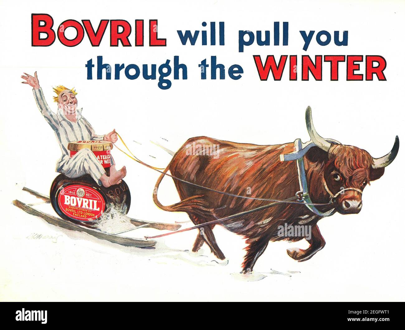 Vintage paper ad advert advertisement of Bovril, Bovril will pull you through the winter, 1927, 20s Stock Photo