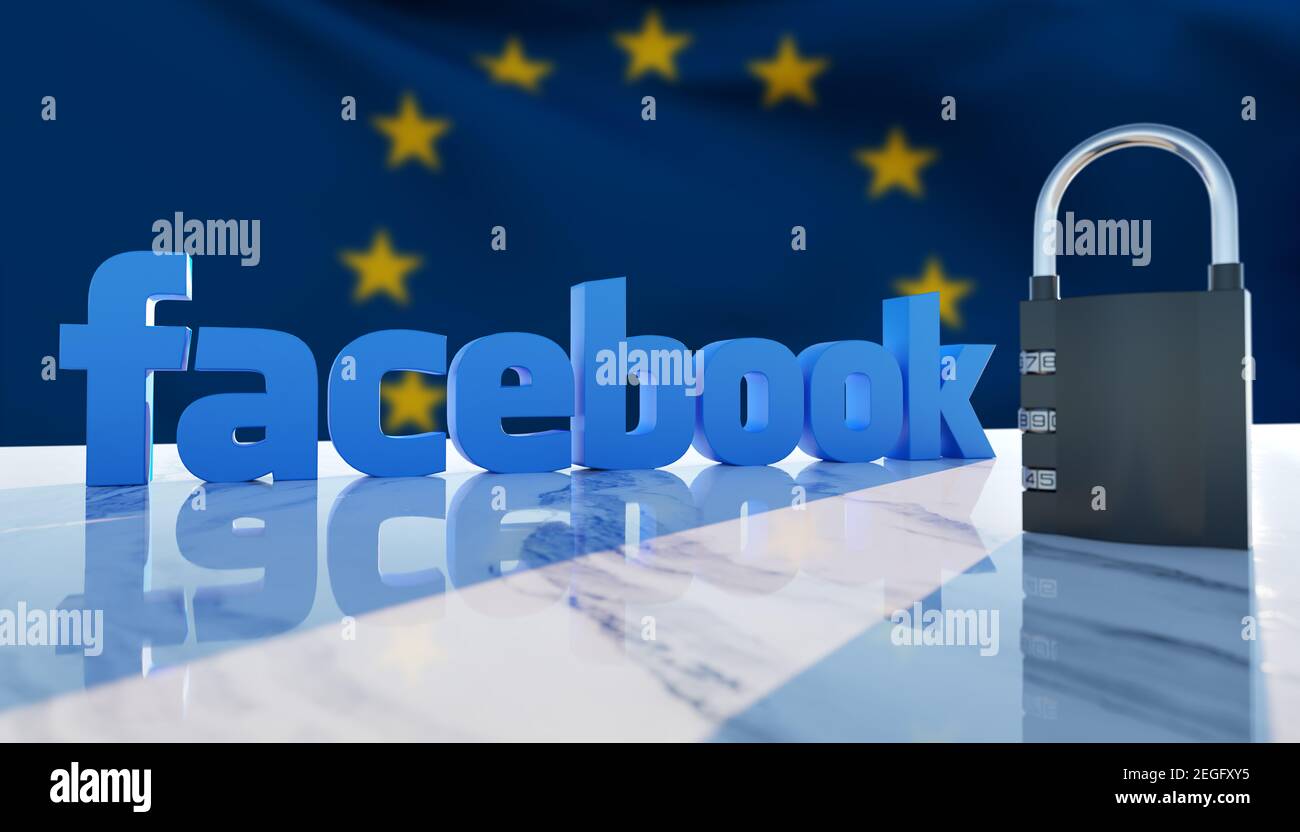 Guilherand-Granges, France - February 18, 2021. Notebook with Facebook logo, padlock and European flag in the background. American social media conglo Stock Photo
