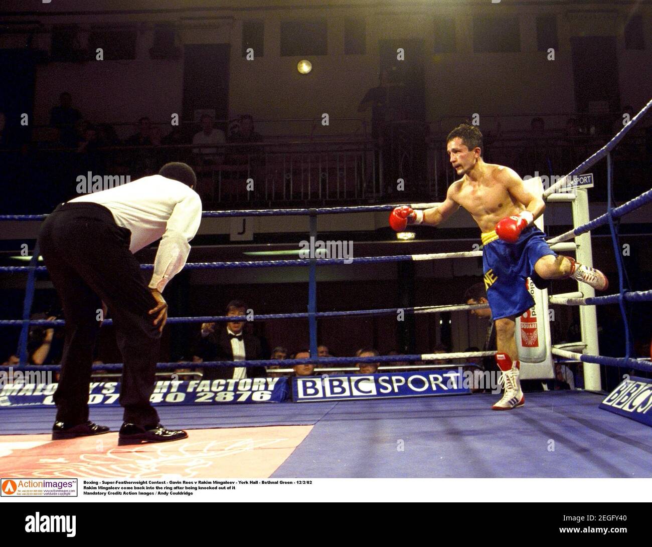 Boxing - Super-Featherweight Contest - Gavin Rees v Rakim Mingaleev - York  Hall - Bethnal Green - 12/2/02 Rakim Mingaleev come back into the ring  after being knocked out of it Mandatory