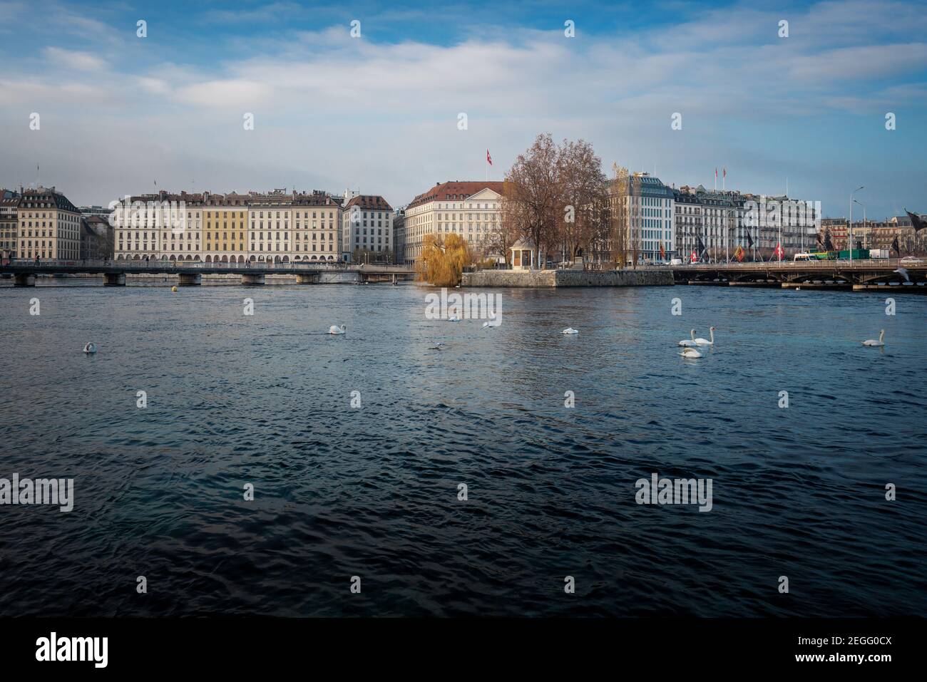 Rhone River and Geneva skyline - Geneva, Switzerland Stock Photo