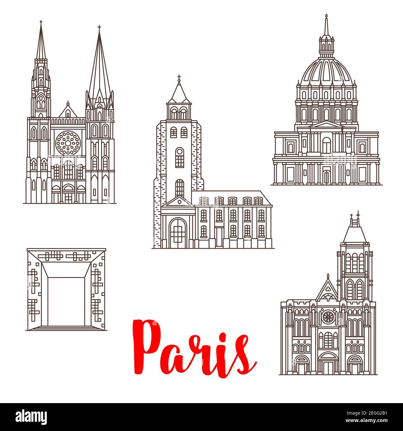 Paris famous travel landmark buildings and architecture sightseeing line icons. Vector set of Les Invalides Hotel, Notre-Dame de Chartres Cathedral, S Stock Vector