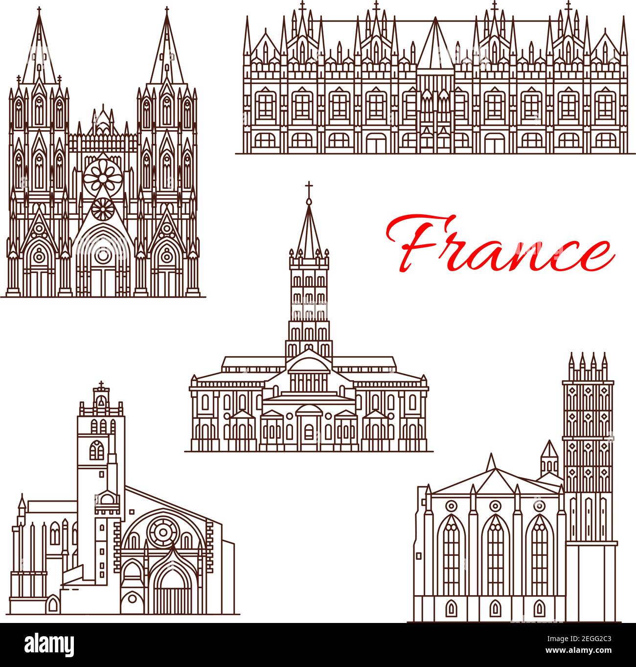 French travel landmark icon set with linear architecture sight. Roman Catholic Basilica of St Sernin, Toulouse Cathedral and Church of the Jacobins, g Stock Vector