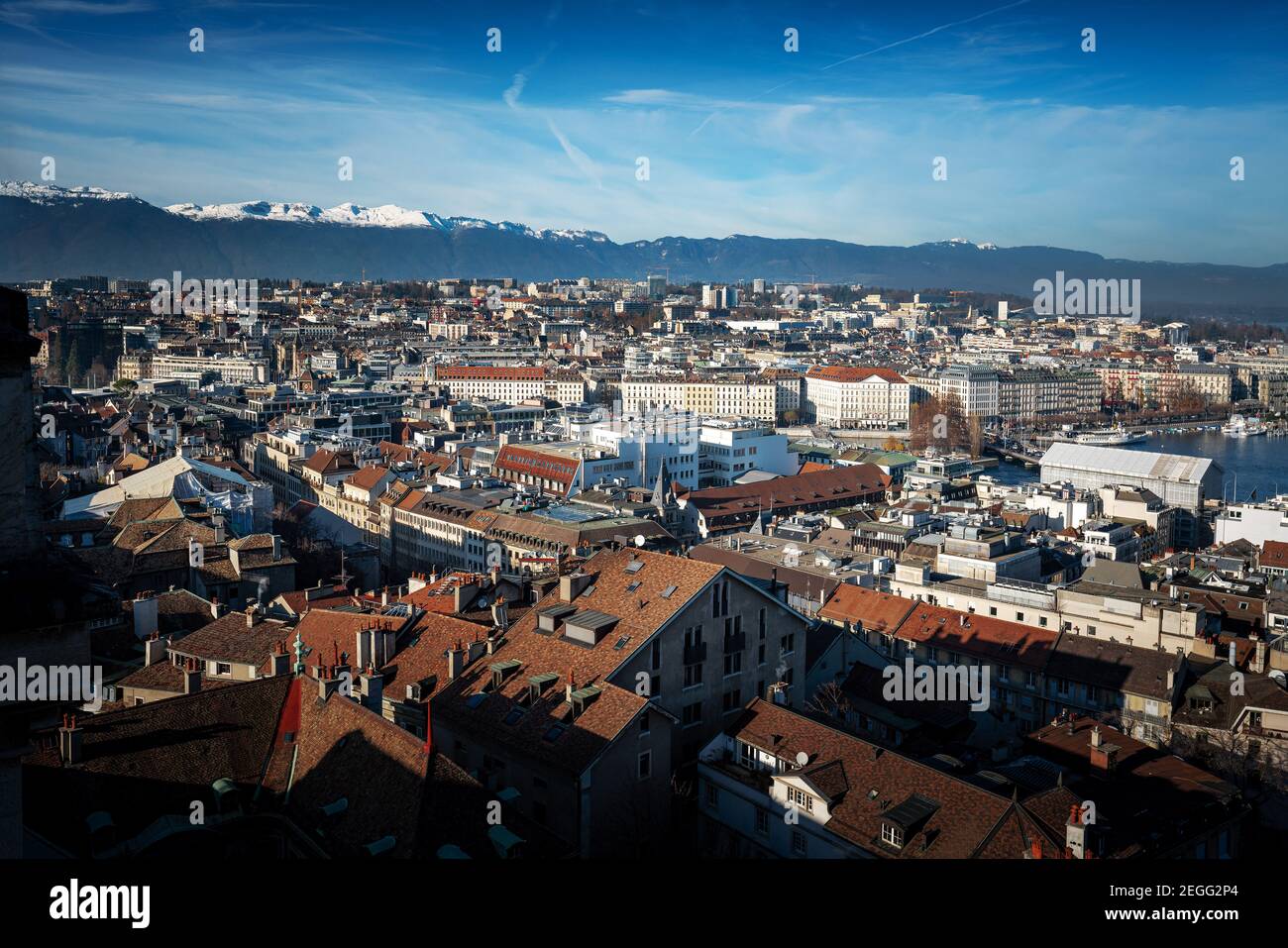 Aerial view of Geneva with Alps Mountains on background - Geneva, Switzerland Stock Photo