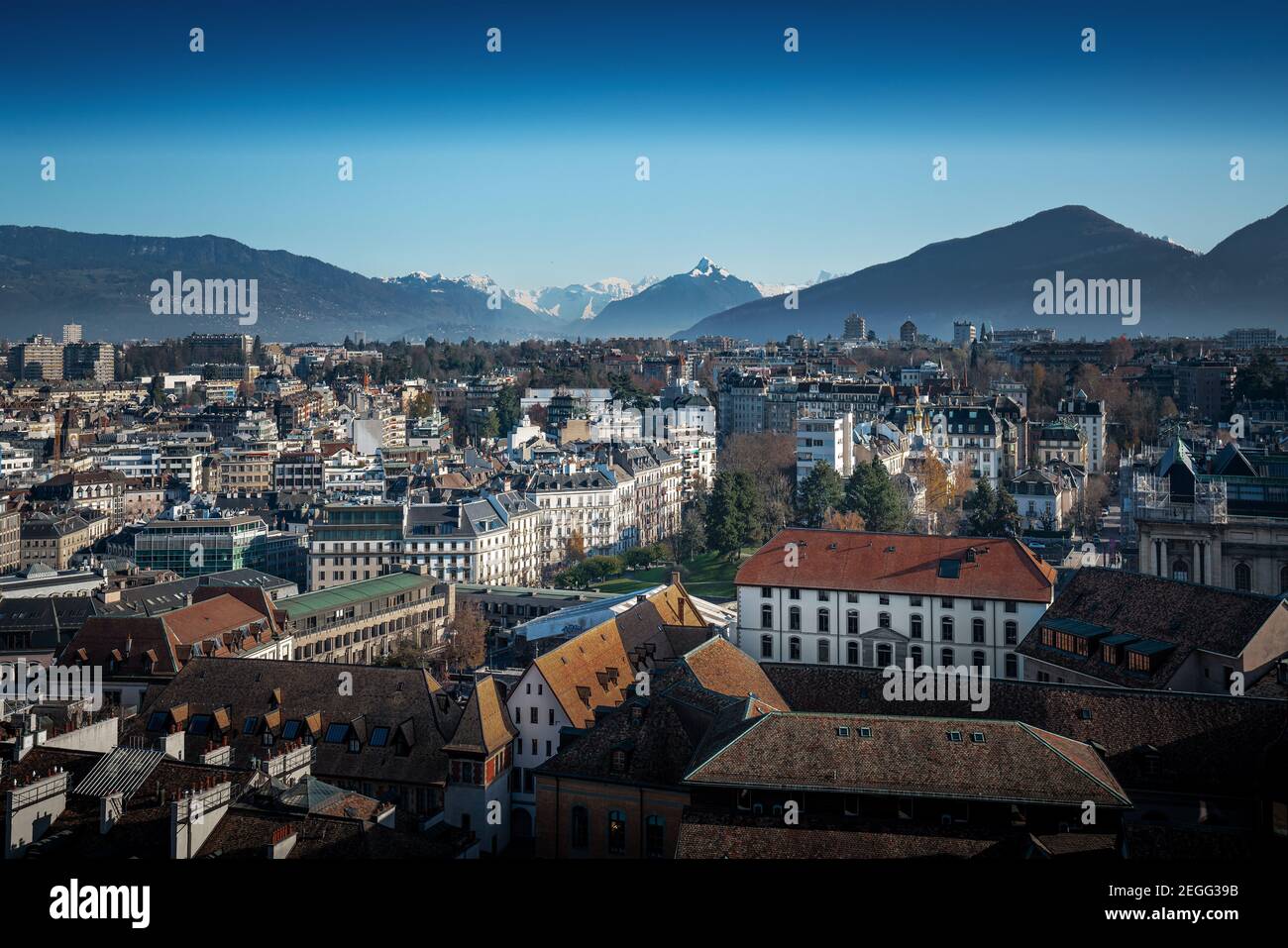 Aerial view of Geneva with Alps Mountains and Mont Blanc on background - Geneva, Switzerland Stock Photo