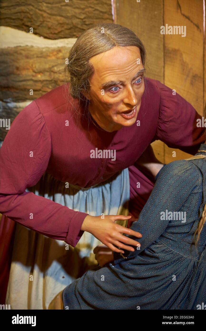 Diorama sign Massacre in Kansas. At the John Brown Wax Museum in