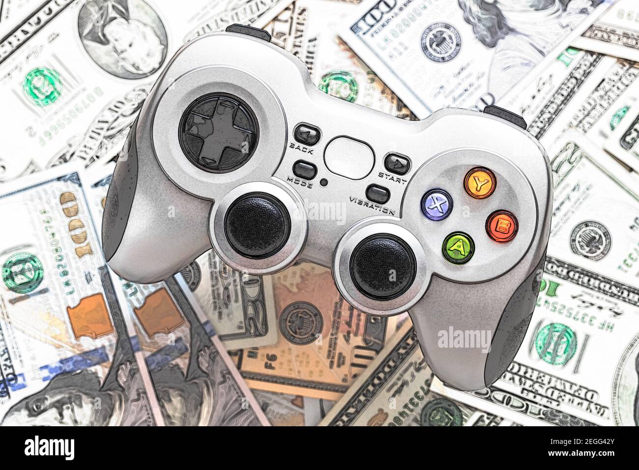 Silver wireless gamepad on dollar bills Stock Photo