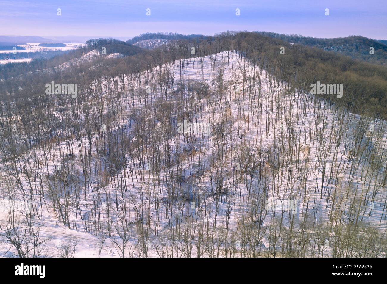 The hills of skyline drive in central Jackson County, IN as seen from a bird's eye view after a significant snow fall. Stock Photo