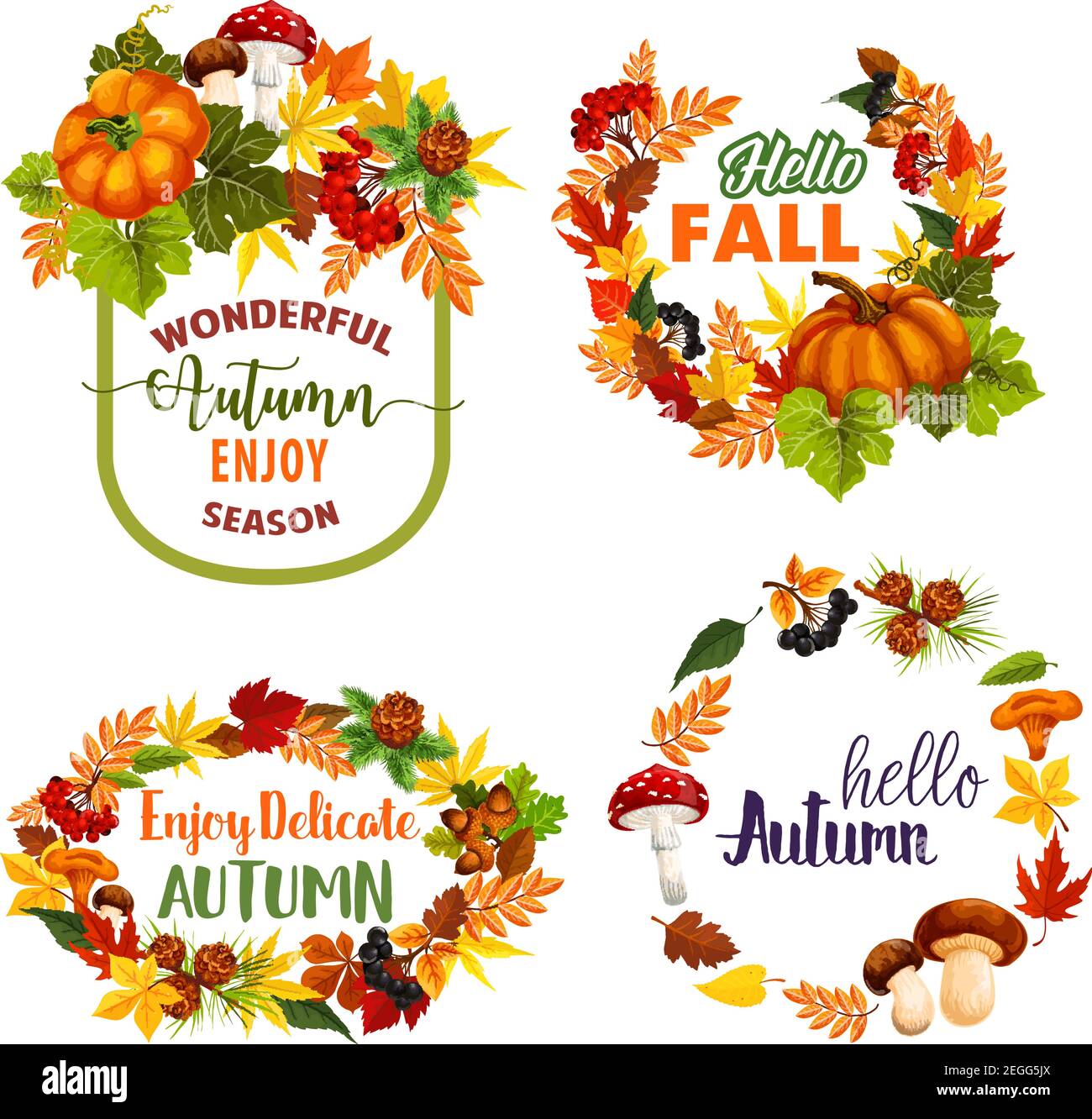 Hello Autumn or Welcome Fall seasonal greeting quotes design. Vector  isolated icons set of autumn maple leaf wreath, pumpkin and rowan berry  harvest Stock Vector Image & Art - Alamy