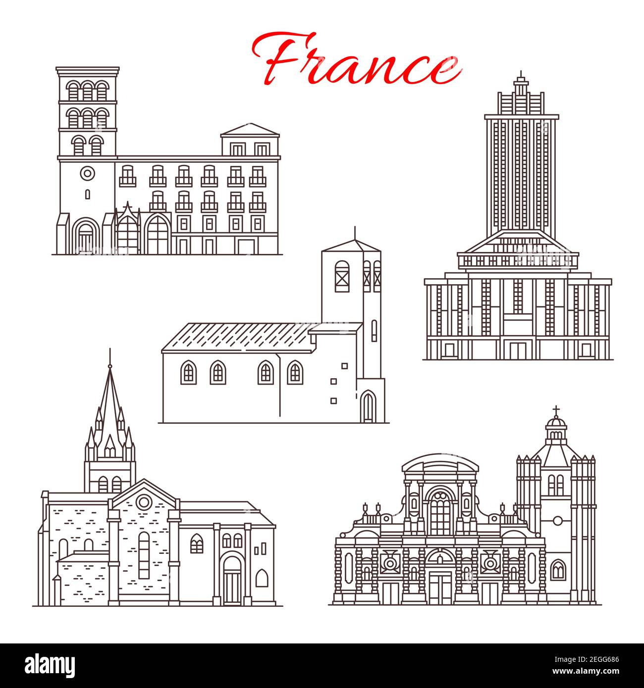 France famous travel landmark buildings and Marseilles architecture sightseeing line icons. Vector set of Saint Joseph church, Notre Dame du Havre or Stock Vector