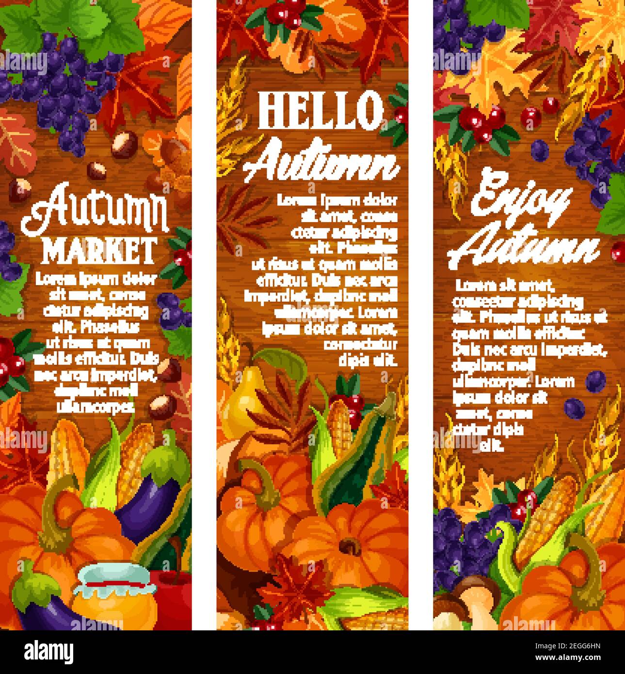 Hello Autumn banners for seasonal farm market festival. Vector set of pumpkin, rowan berry fruit and mushroom harvest, maple and chestnut leaf foliage Stock Vector