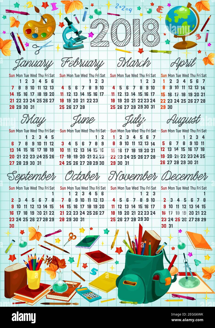 Back to school calendar template on squared paper with school supplies.  2018 year calendar poster design with student book, pencil and pen, ruler,  bac Stock Vector Image & Art - Alamy