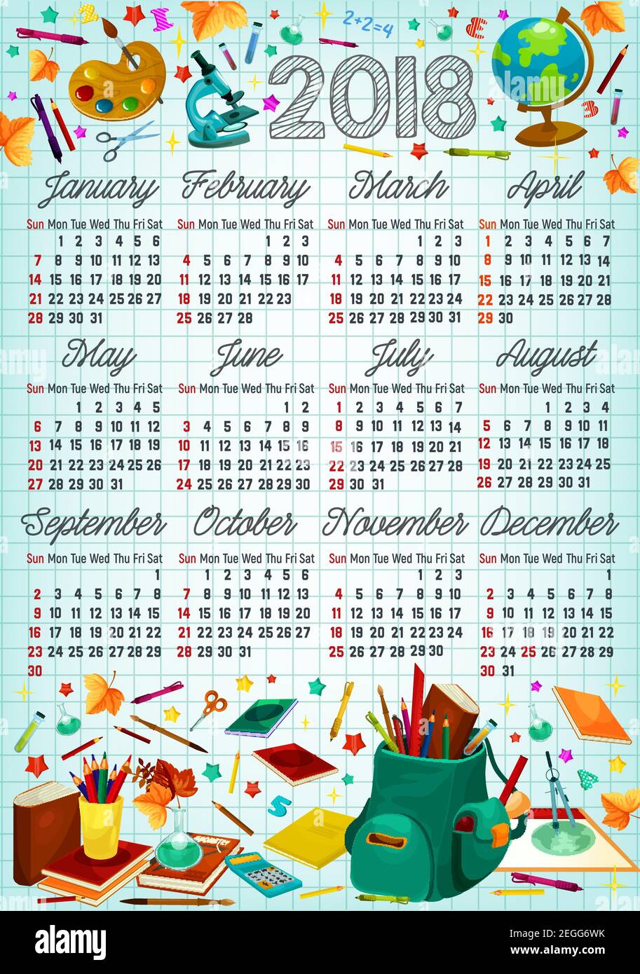 Back to school calendar template on squared paper with school supplies ...