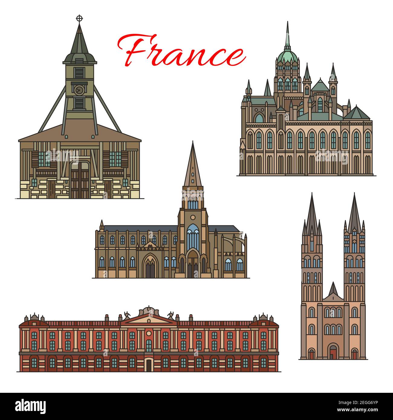 France famous travel landmark buildings and architecture sightseeing facades icons. Vector set of Treguier cathedral, St Stefan monastery or Toulouse Stock Vector