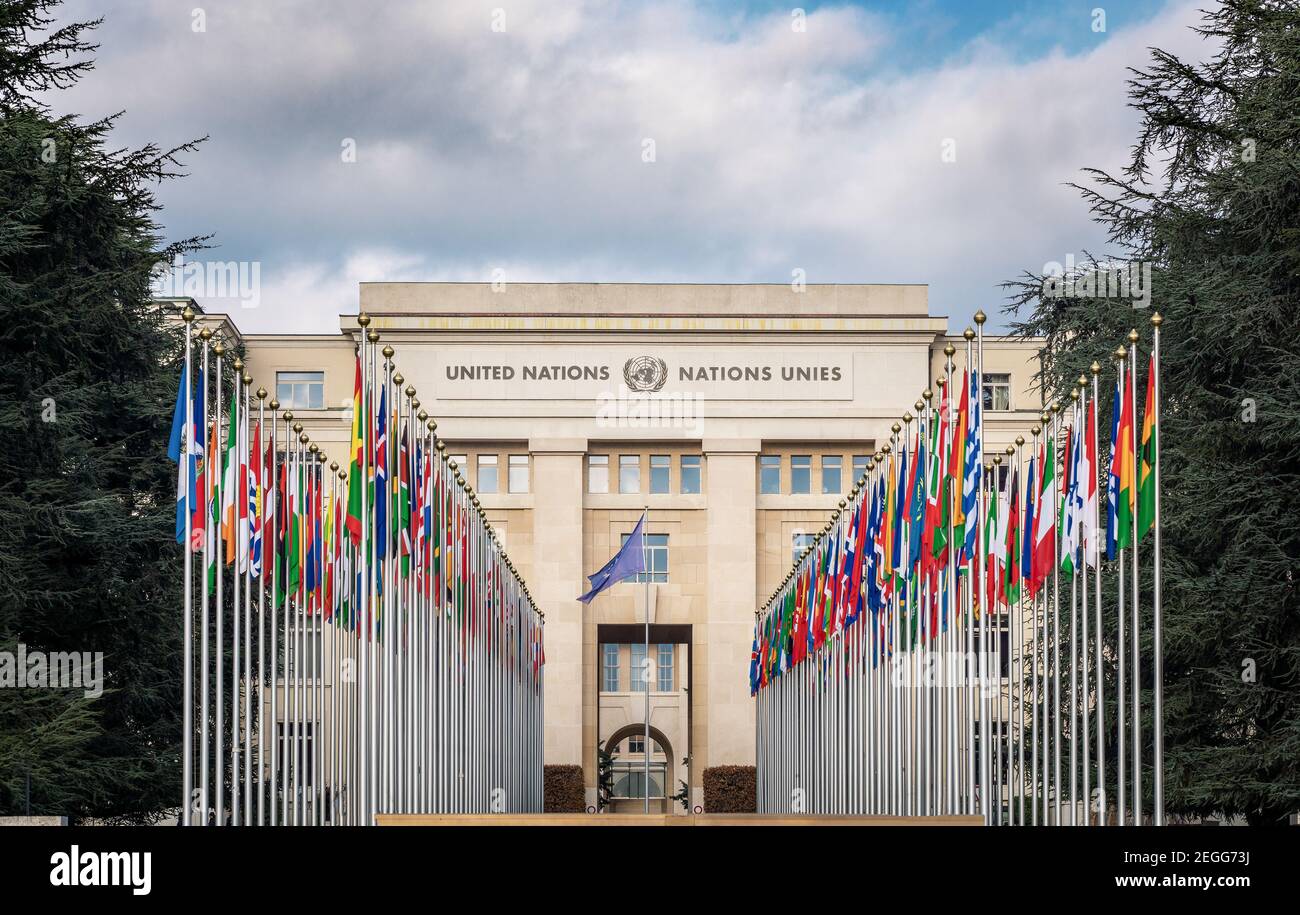 Country flags in front of Palace of Nations United Nations Office