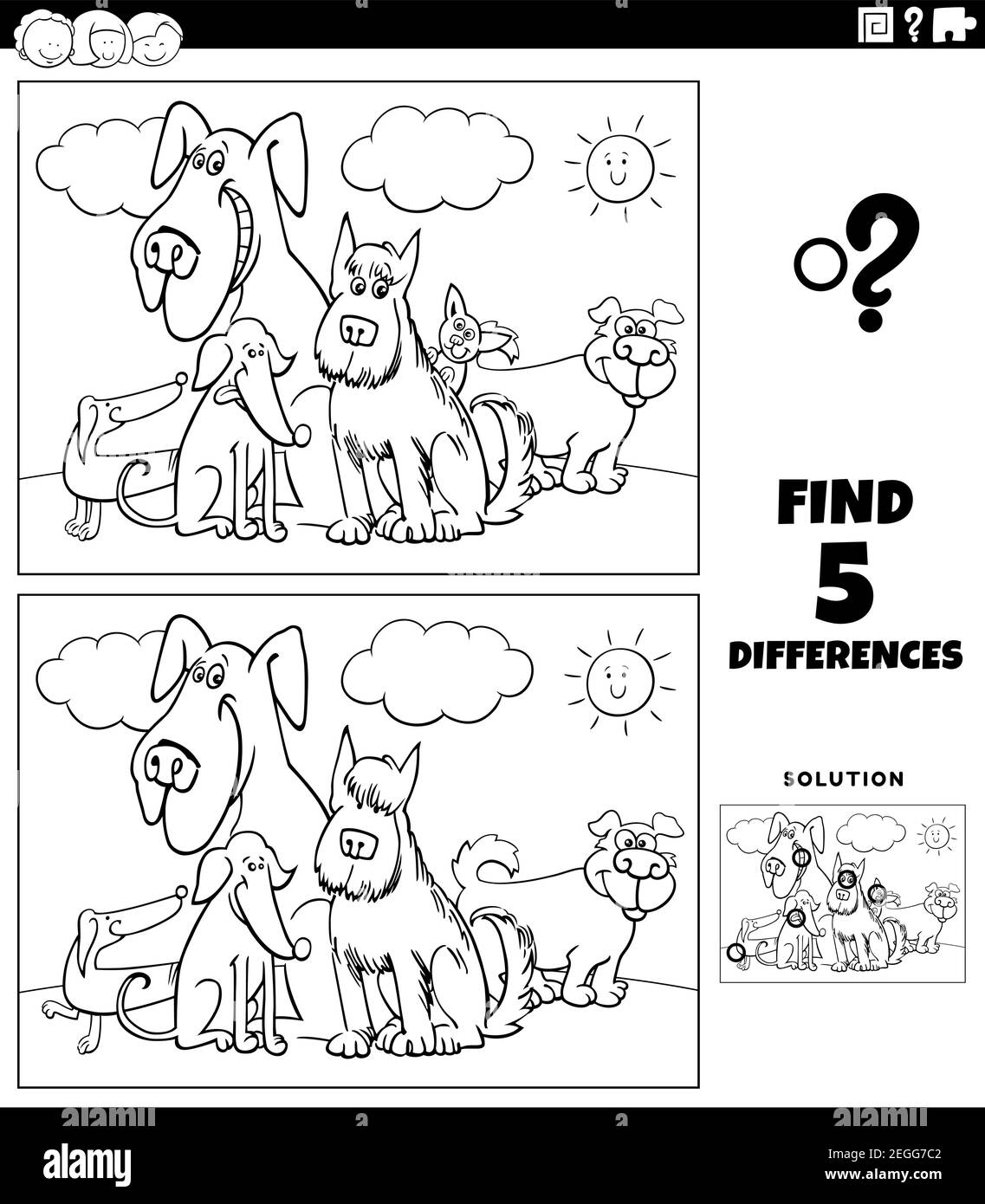 Black and white cartoon illustration of finding the differences between ...