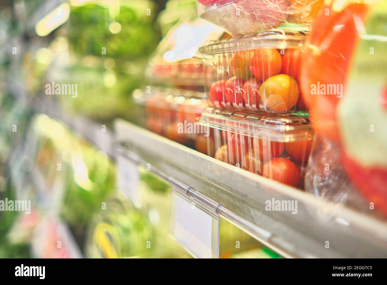 Prepackaged salads in a commercial refrigerator, salad ready to eat. Concept of healthy food