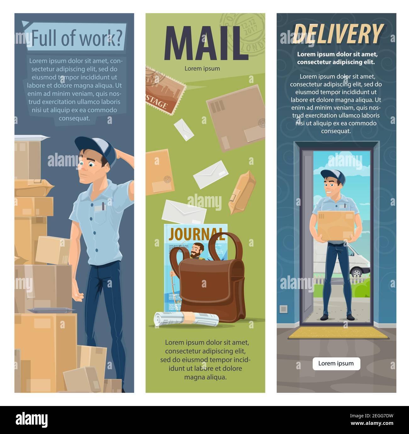 Post mail delivery and postage service banners of post shipping transport and postman at work. Vector flat design of mailman with messenger bag in sor Stock Vector Image Art Alamy