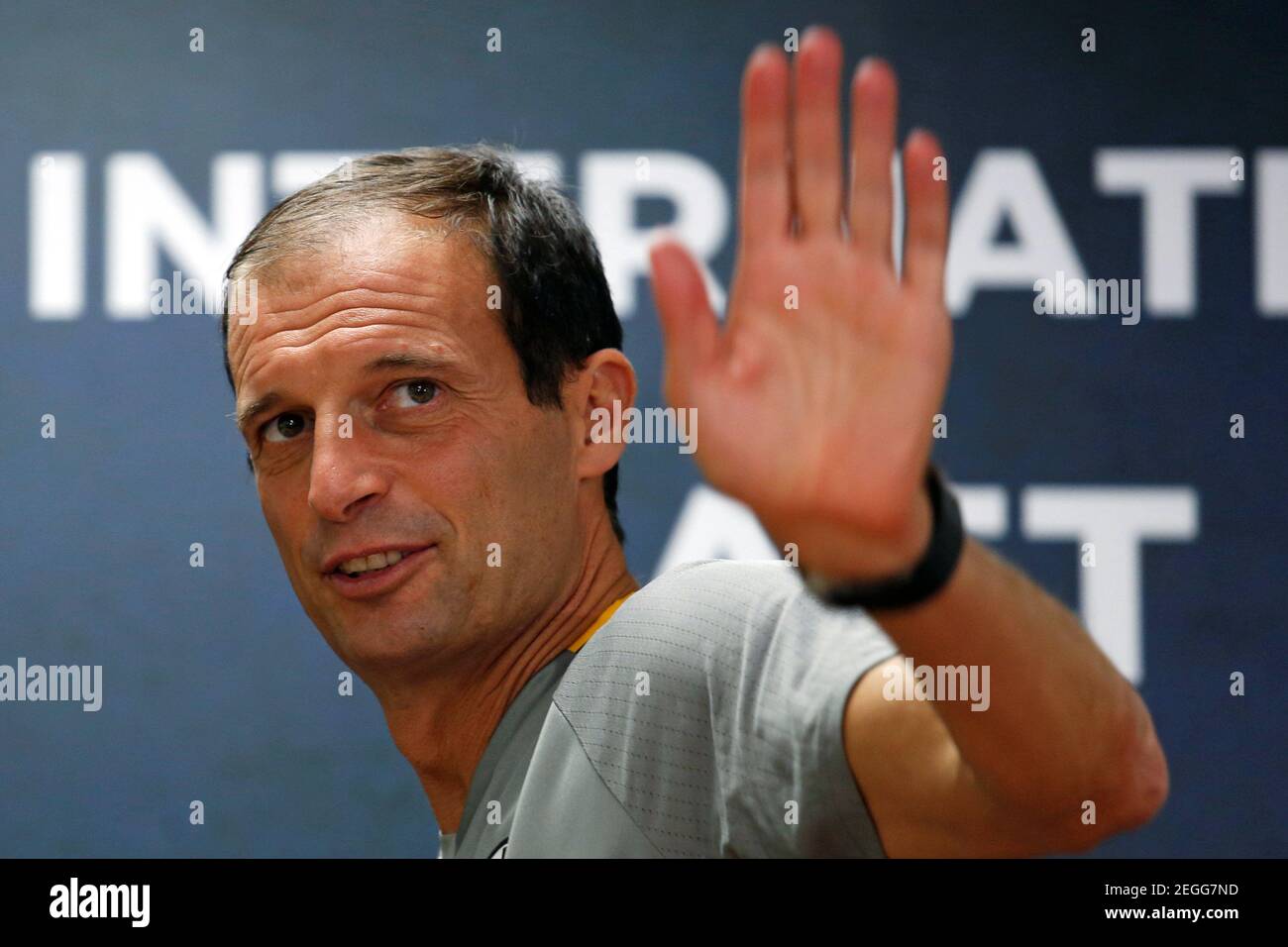 Football Soccer - Juventus news conference - International Challenge Cup - Hong Kong, China - 29/7/16 - Juventus team manager Massimiliano Allegri waves.   Reuters/Bobby Yip   Picture Supplied by Action Images Stock Photo