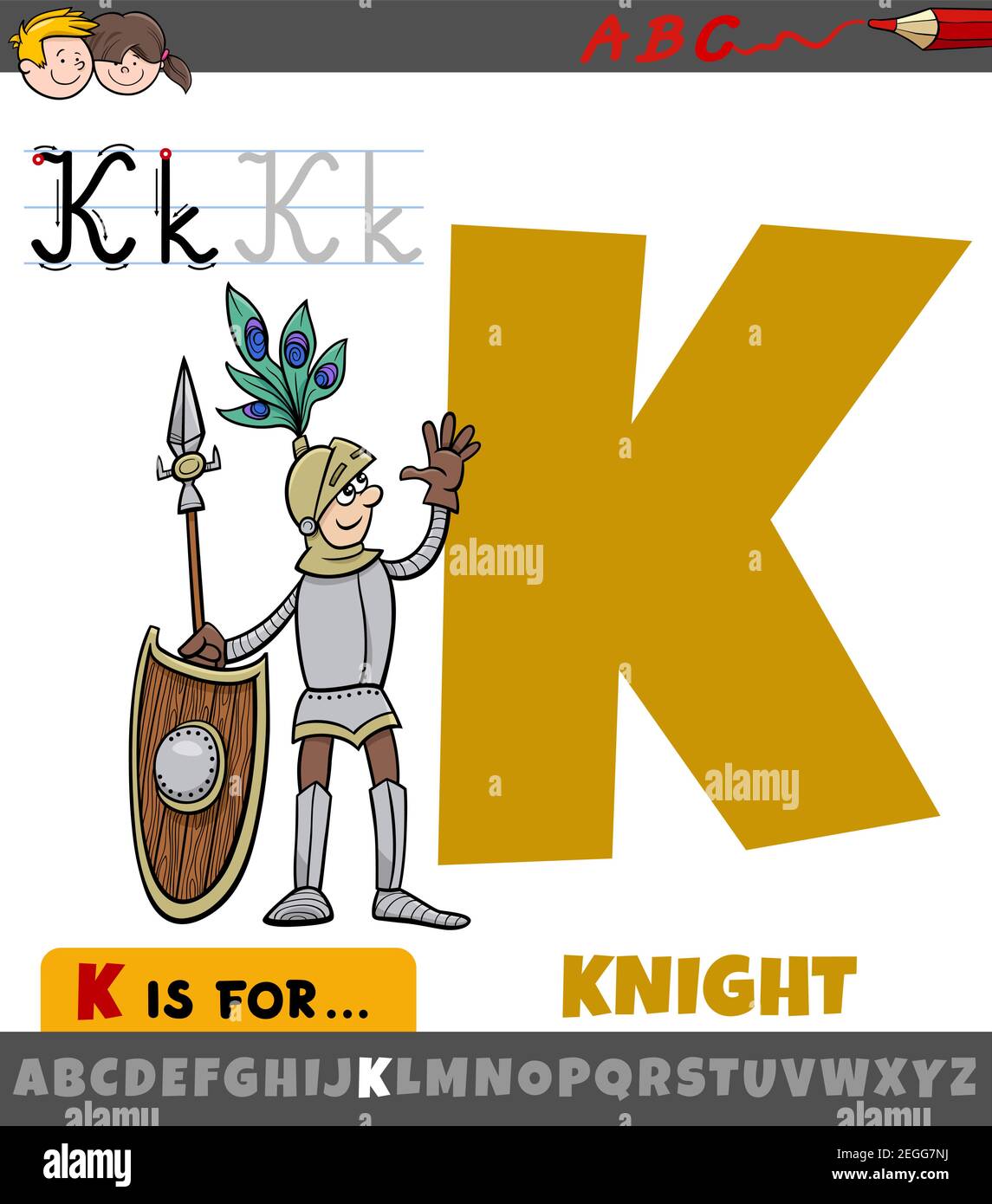 Educational cartoon illustration of letter K from alphabet with knight