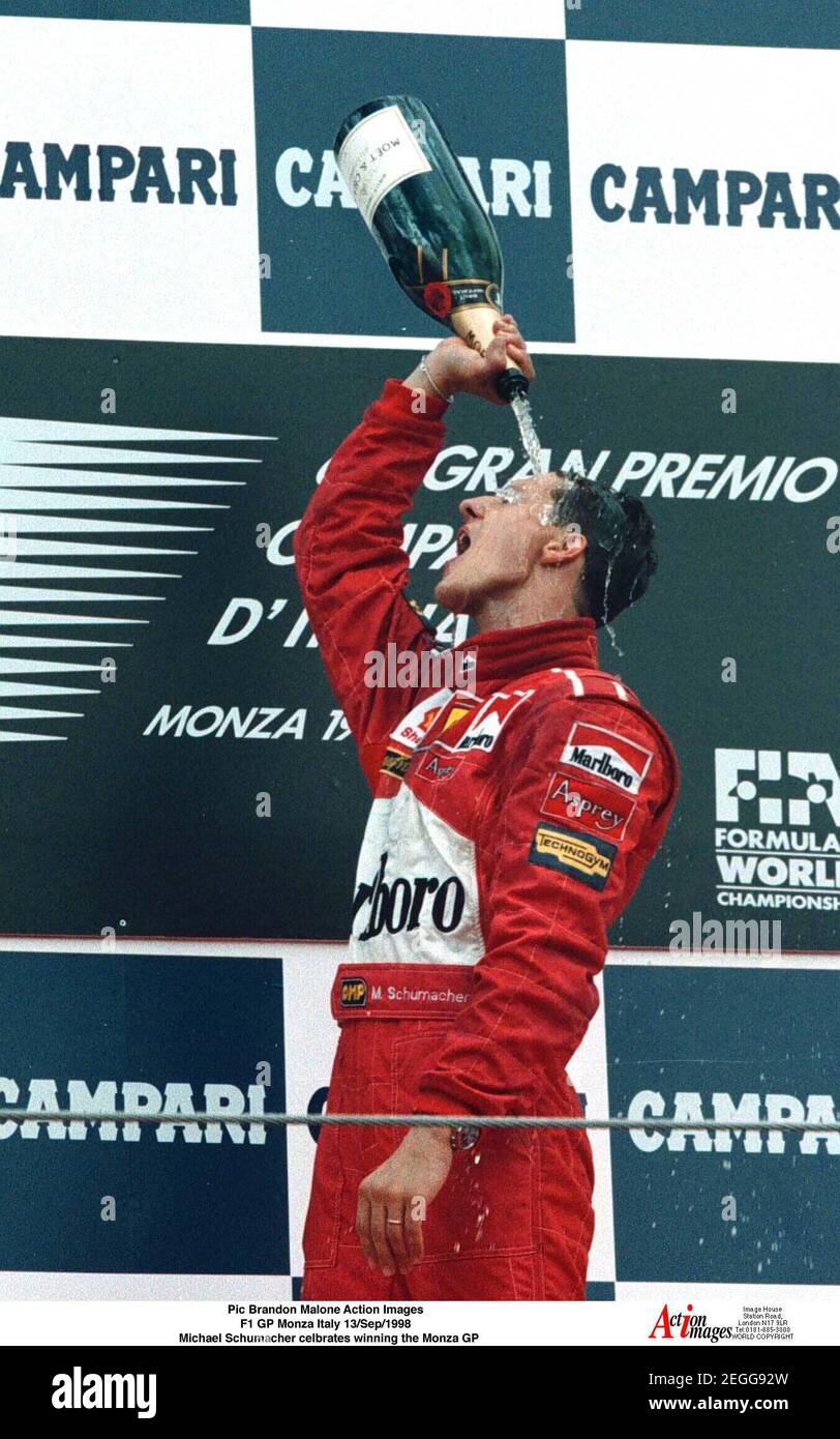 Motor Sport Formula One F1 1998 Italian Grand Prix Monza Italy Michael Schumacher Ferrari Celebrates With Champagne After Winning The Race Mandatory Credit Action Images Brandon Malone Stock Photo Alamy