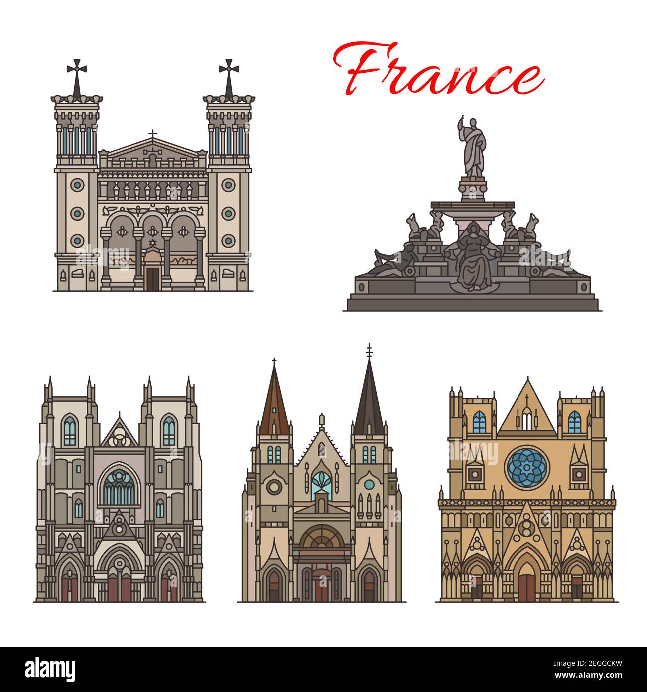 France famous travel landmark buildings and architecture sightseeing facades icons. Vector set of Saint Nizier church, Saint Jean cathedral and Notre Stock Vector