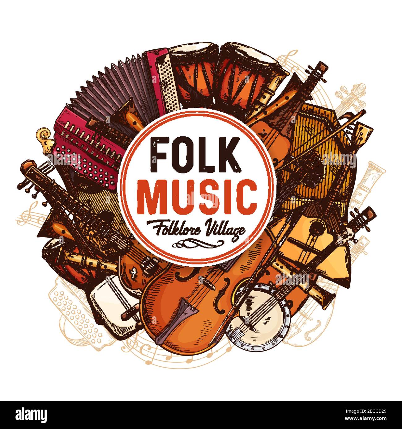 Folk music concert sketch poster with musical instruments. Vector