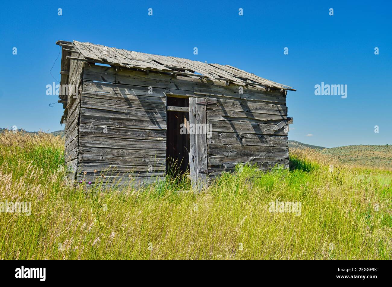 Old wooden barn in the middle of a field under a bright sky Stock Photo ...