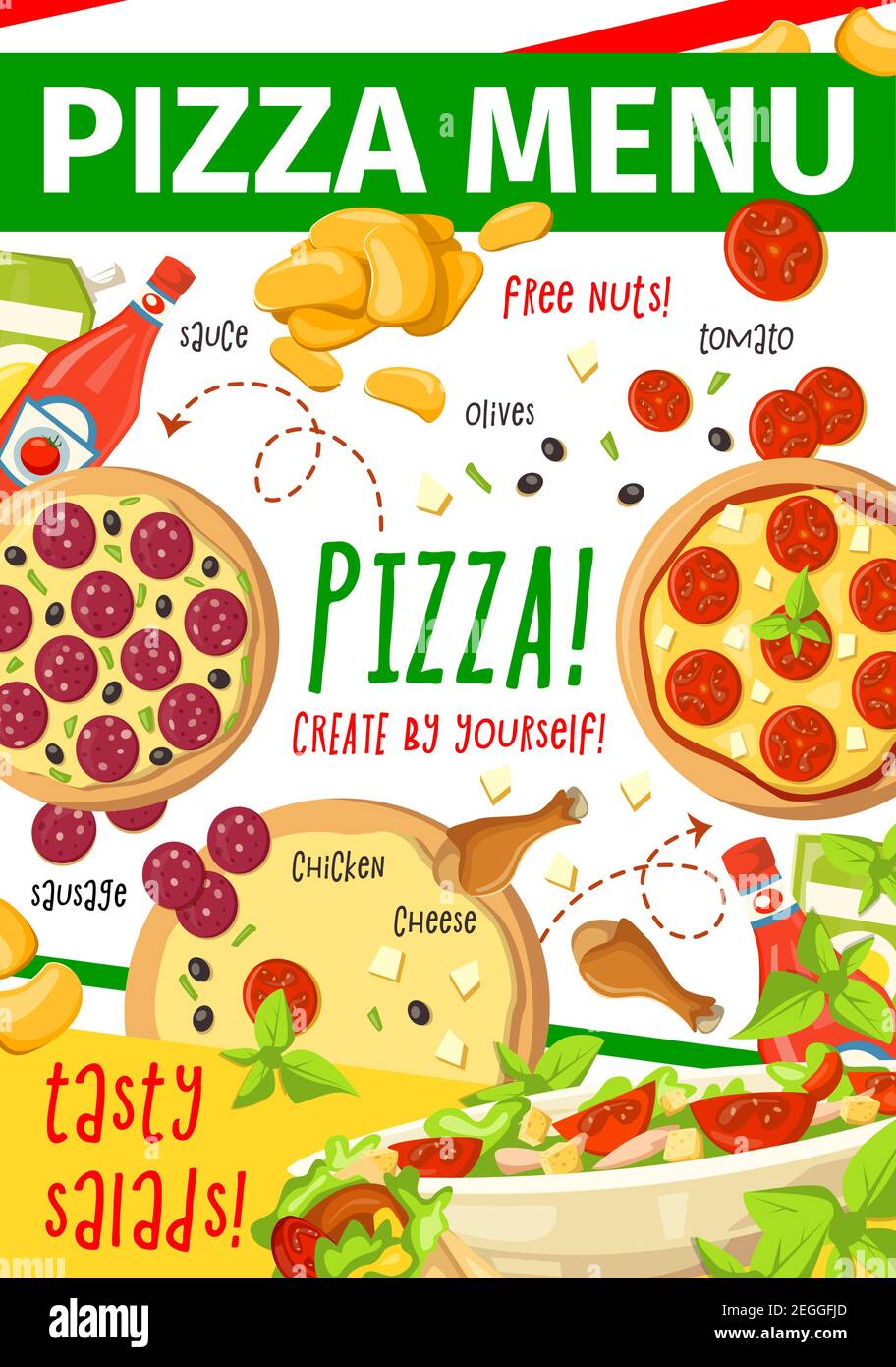 Pizza menu for fast food restaurant or italian pizzeria template. Pizza