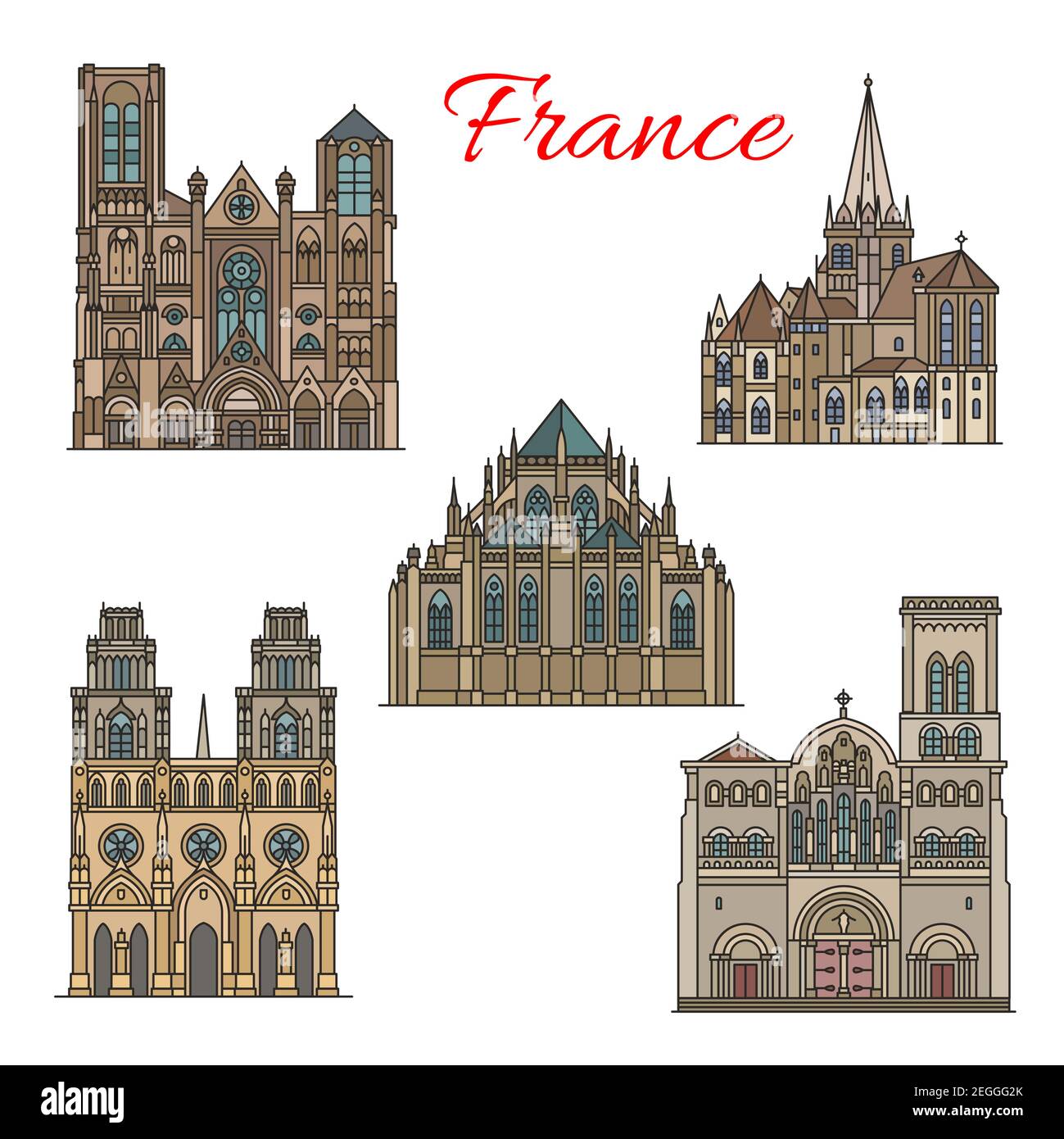 France famous travel landmark buildings and architecture sightseeing facades icons. Vector set of Sainte Croix, Saint Cyr and Julitte or Etienne cathe Stock Vector