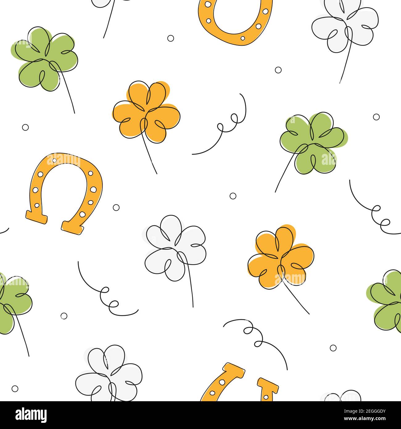 Seamless St.Patrick day background. Seamless minimalistic pattern with clover and horseshoe on white background Stock Vector