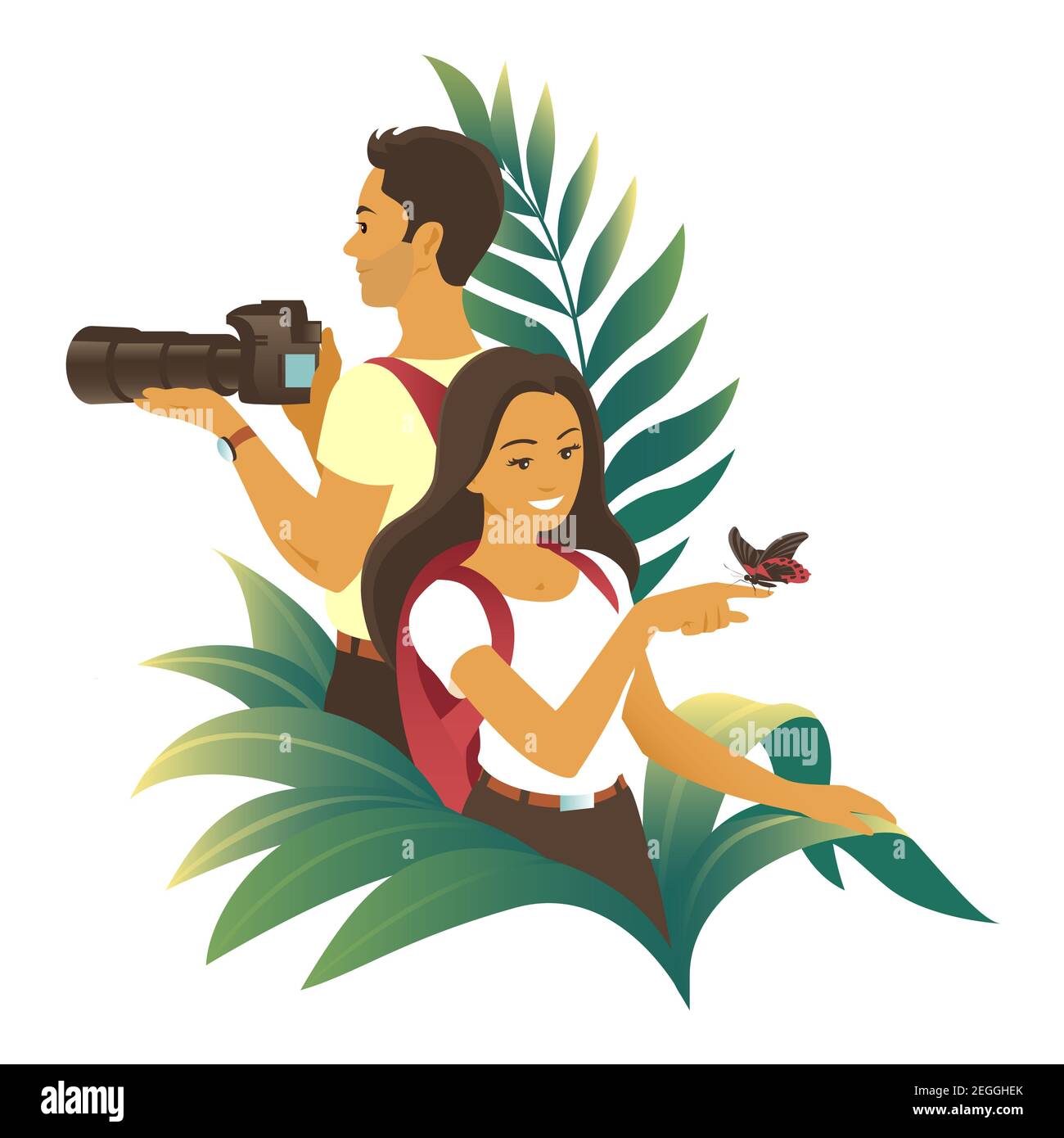 Young couple travel in the jungle. A man takes pictures with a camera. Girl admires a tropical butterfly. Vector illustration on a white background. Stock Photo