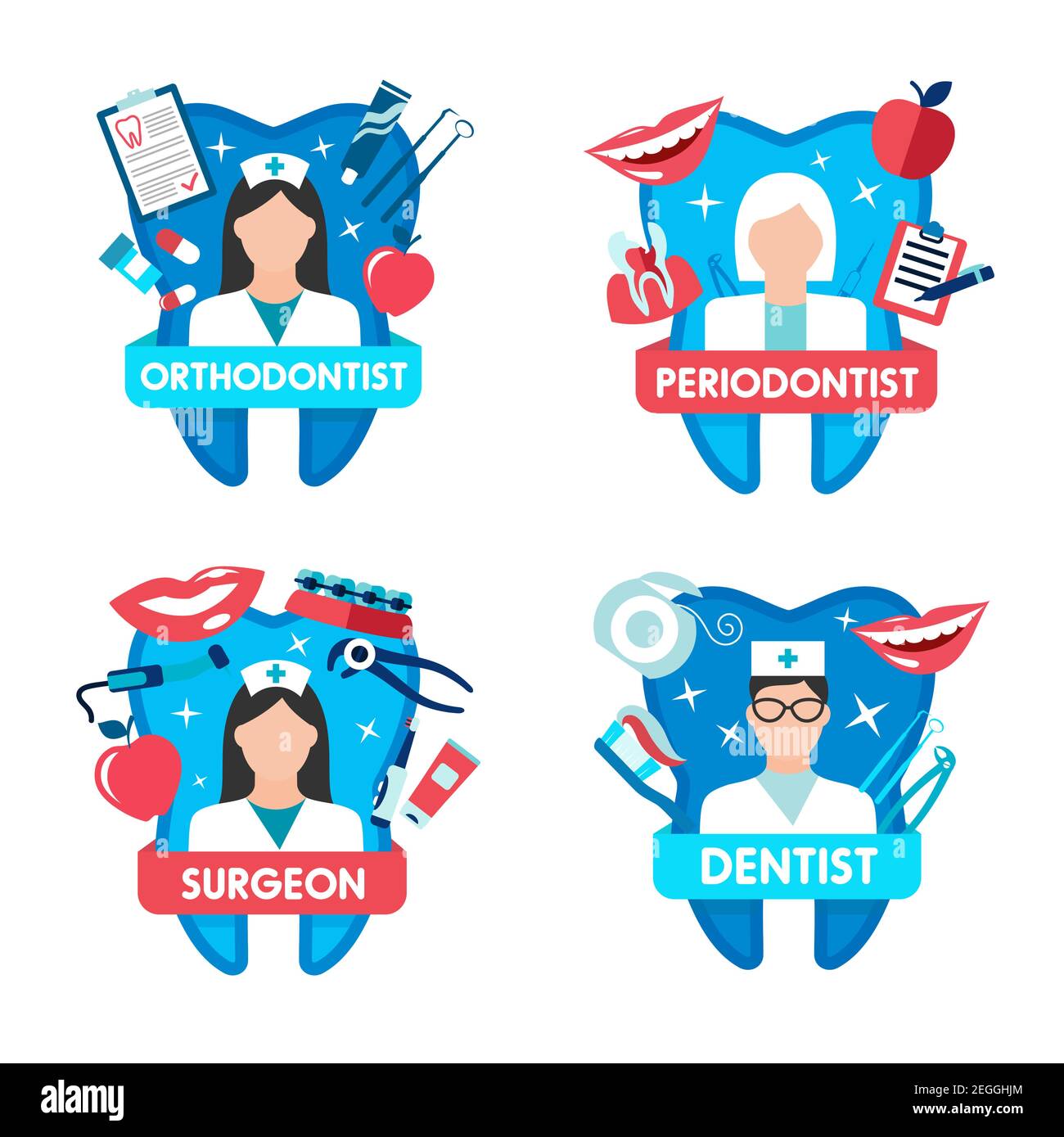 Dentistry clinic emblem with dentist, oral surgeon, orthodontist and
