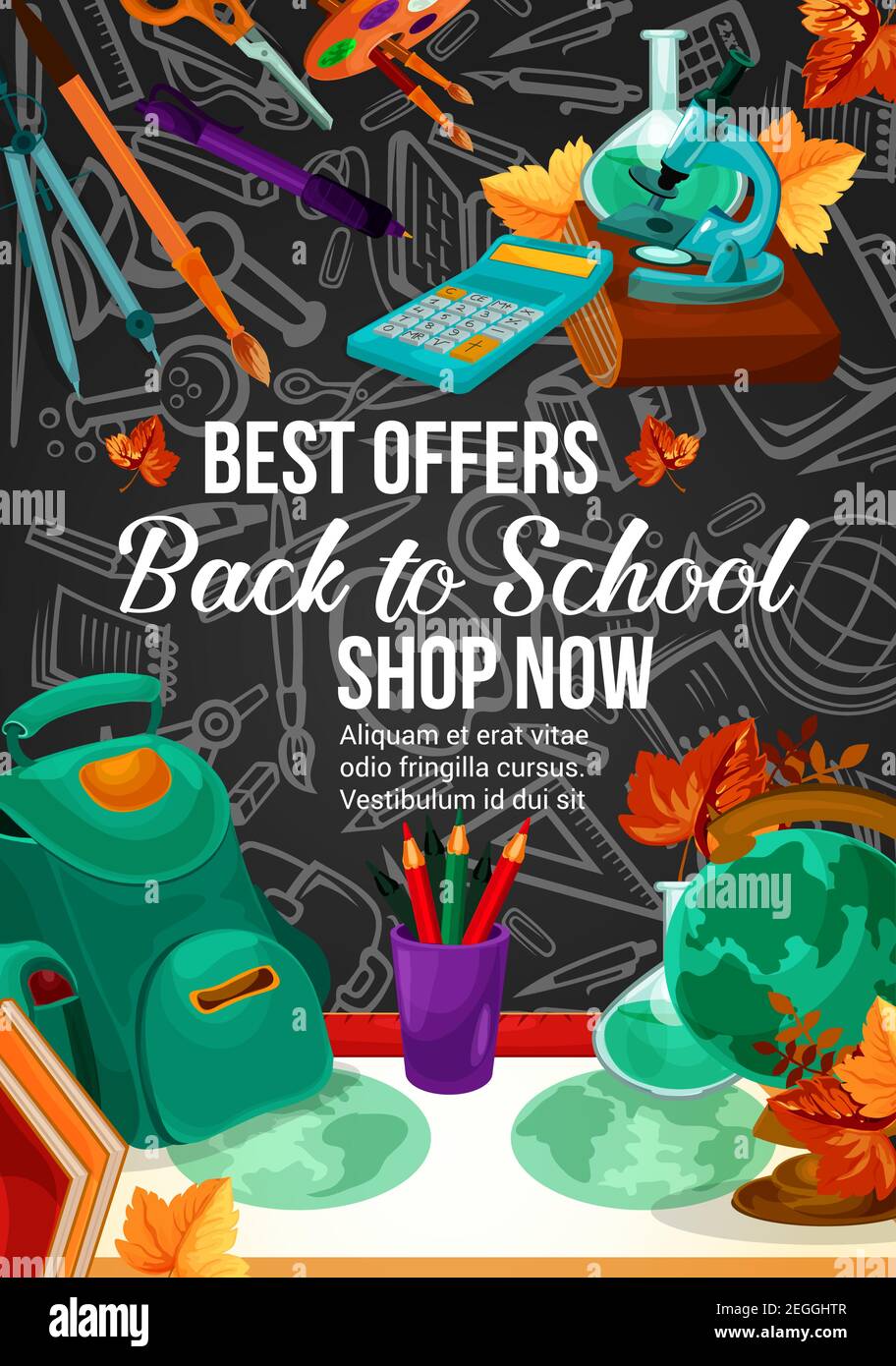 https://c8.alamy.com/comp/2EGGHTR/sale-offer-poster-of-discount-school-supplies-for-welcome-back-to-school-template-student-table-with-pencil-book-and-pen-globe-calculator-and-back-2EGGHTR.jpg