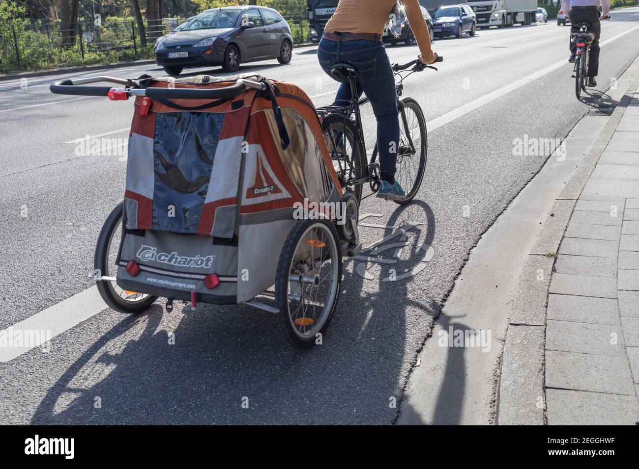 bike trailer on cycle lane in the city Stock Photo