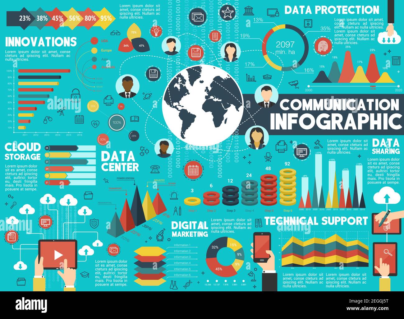 Digital communications and web data cloud storage infographics of diagram and statistics. Vector computer innovations on world map, user data security Stock Vector