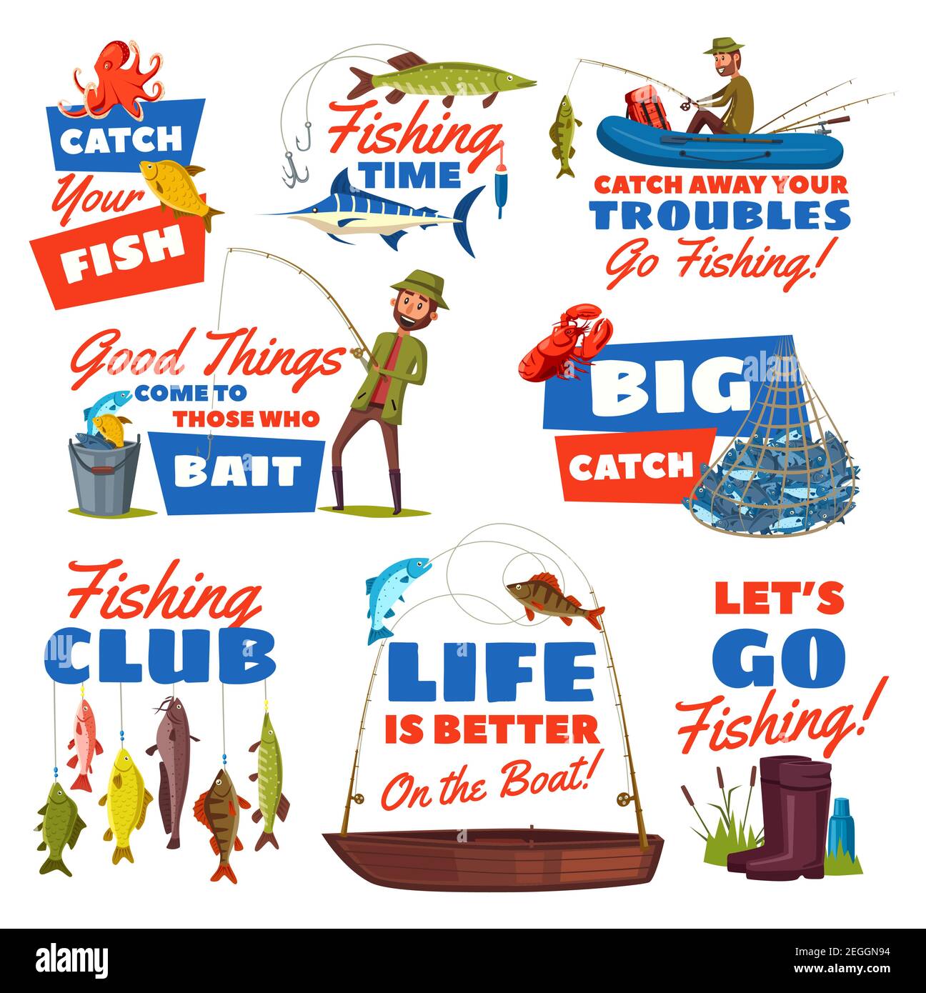 Fishing sport hobby cartoon icon with fisherman, catch fish and tackle.  Fisher with fish on hook of spinning rod isolated symbol with boat, bait  and l Stock Vector Image & Art 