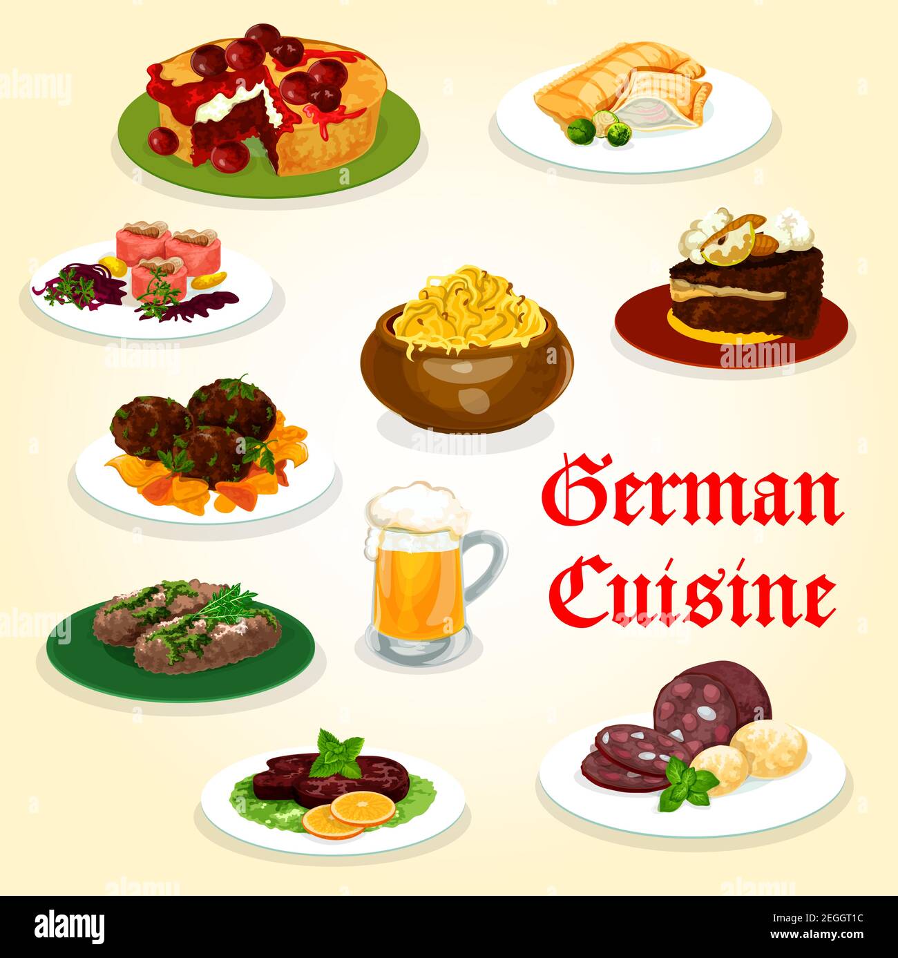 German cuisine tasty dinner with sausage and beer cartoon icon. Potato, cabbage and meat roll