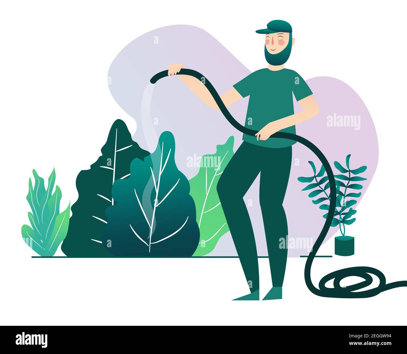 man watering plant use hose with cartoon flat vector design illustration Stock Vector