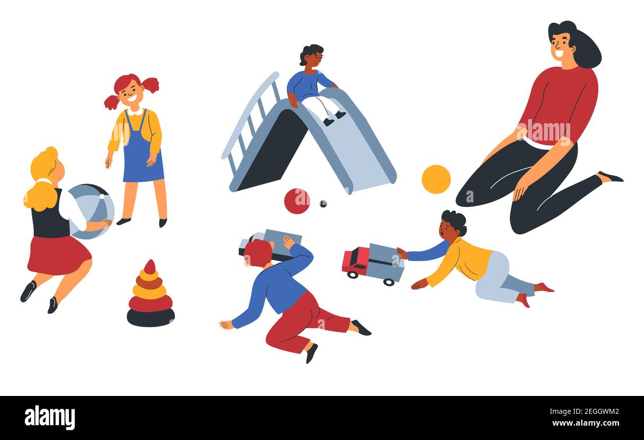 Teacher watching children playing during daycare Stock Vector Image ...