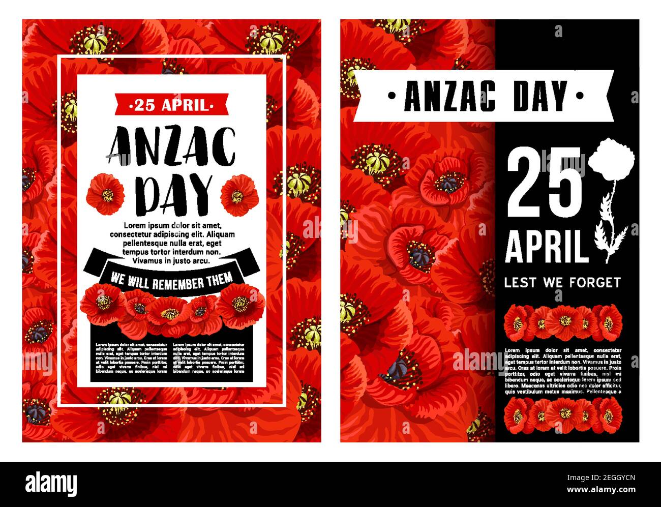 Anzac Day poster with wreath of red poppy flower and black ribbon. Floral banner of National Day of Remembrance in Australia and New Zealand with Lest Stock Vector