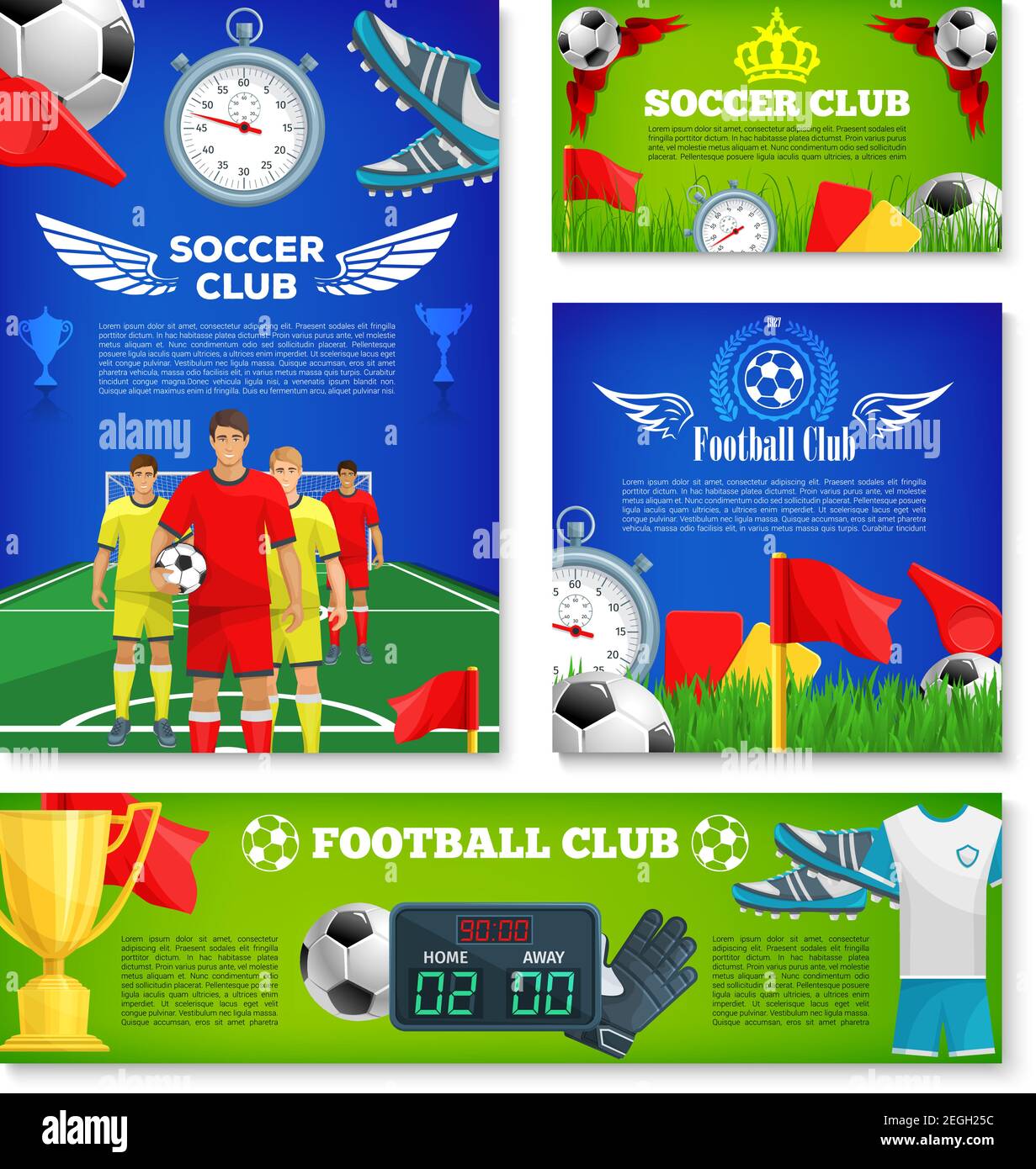 Soccer club posters for football league championship or college sport team cup. Vector design of soccer ball goal and football players men on arena st Stock Vector