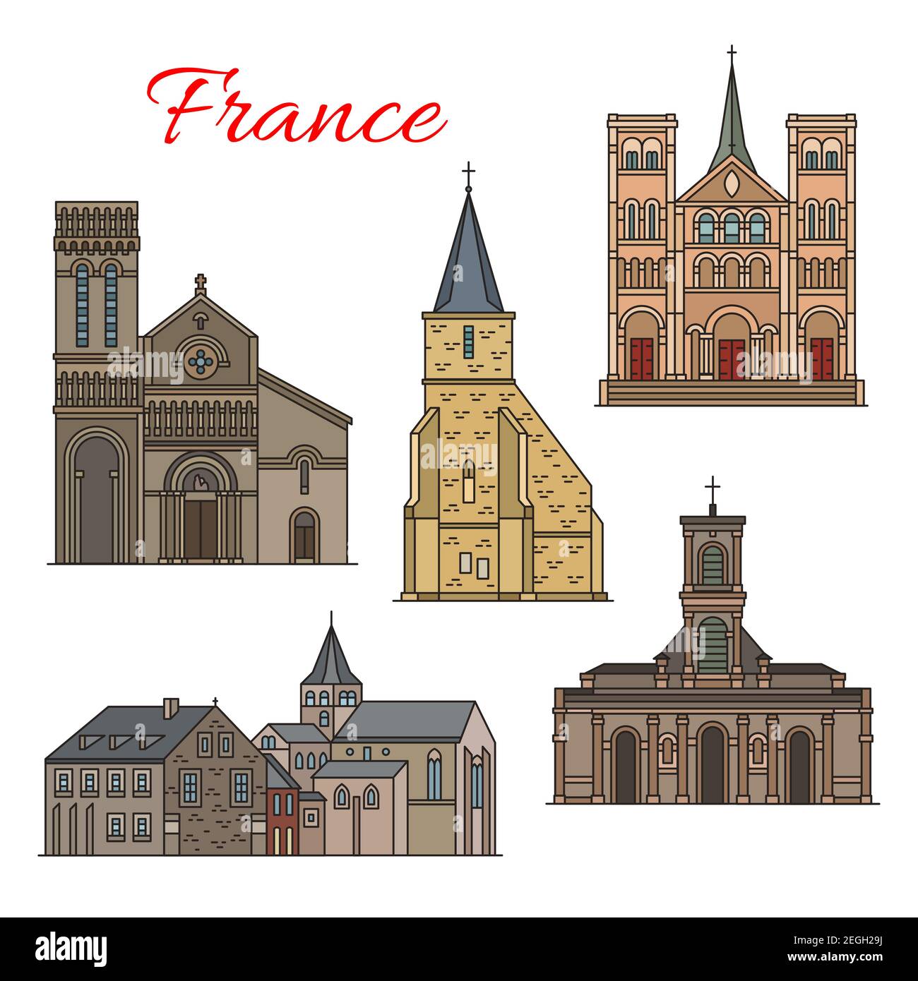 French travel landmark thin line icon with architecture of Havre city. St Michel Chapel, Church of St Vincent and St Francois Church, gothic Abbey of Stock Vector