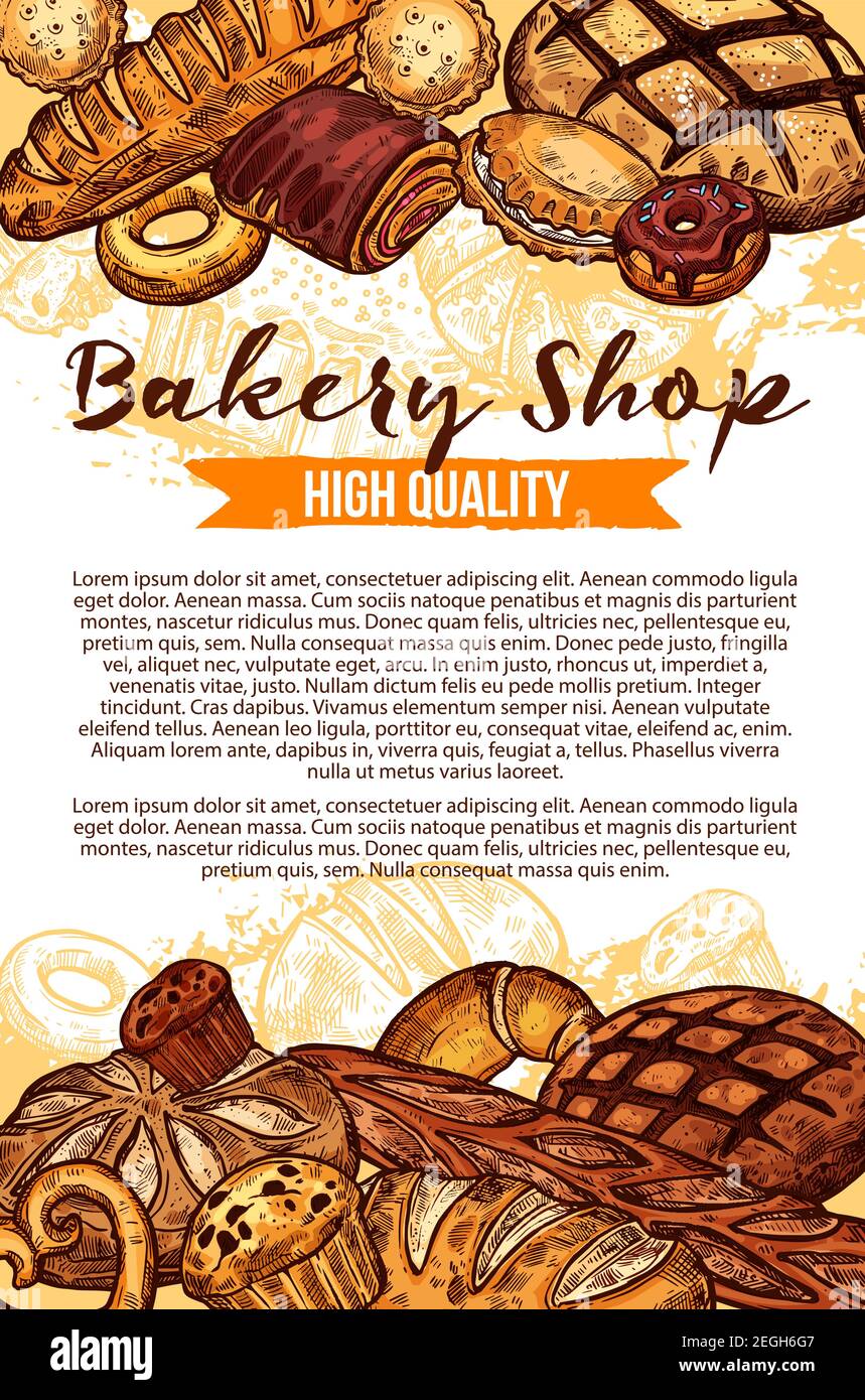 Bakery shop bread and pastry sketch poster. Vector design of wheat loaf ...