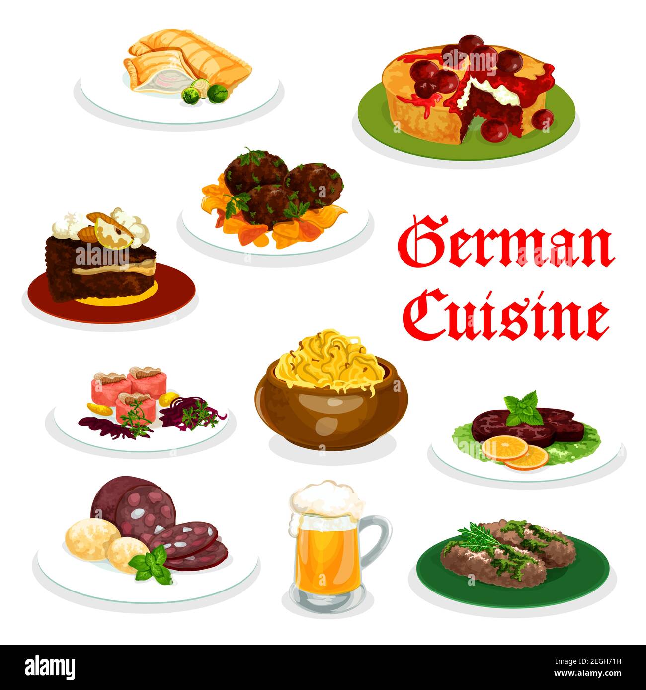 German cuisine icon of traditional food. Mashed potato with fish and meat labskaus, sausage and